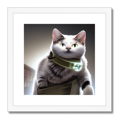 Art Print painting of a grey cat standing with a white background in a room.