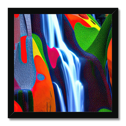 A colorful art print of an image of a waterfall below a flowing stream next to rock