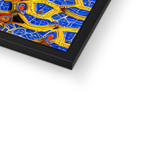 A metal picture frame with a tile art print with gold trim above and below it.