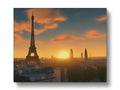 a picture of Paris with a sunrise on the horizon beside the tower