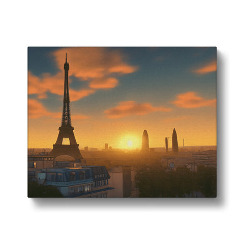 a picture of Paris with a sunrise on the horizon beside the tower