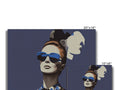 A blue tile wall with three photos of two women sitting around with sunglasses.
