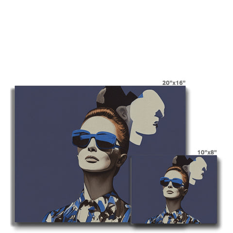 A blue tile wall with three photos of two women sitting around with sunglasses.