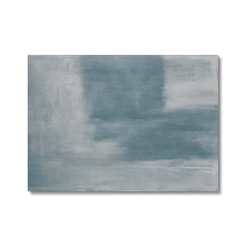 A painting of a sky with blue sky above the ocean with grey clouds.