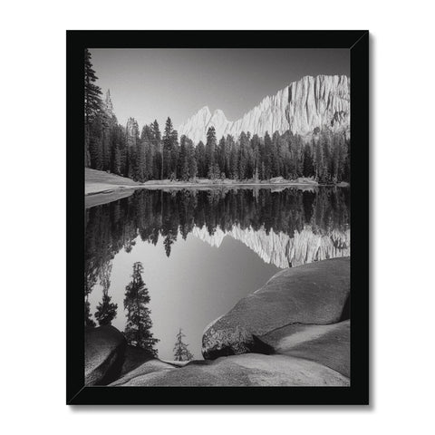 A wall mounted image of a black and white photo of a lake that is looking into