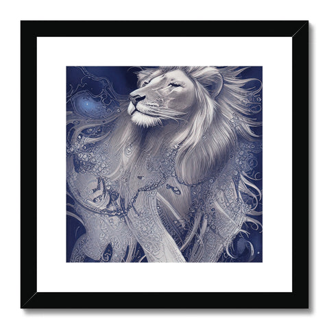 A framed art print of a lion in a lion sitting atop a table near a blue