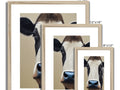 A large white cow standing in front of a large wooden frame with multiple pictures.