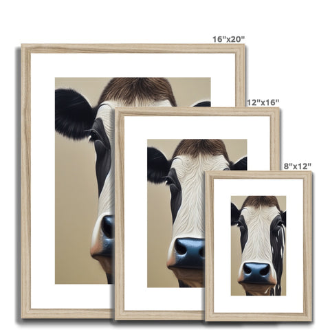 A large white cow standing in front of a large wooden frame with multiple pictures.