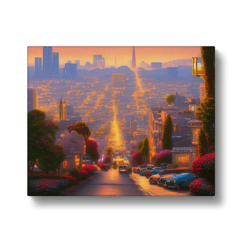 Art print of a city with a skyline setting beneath a cloud.