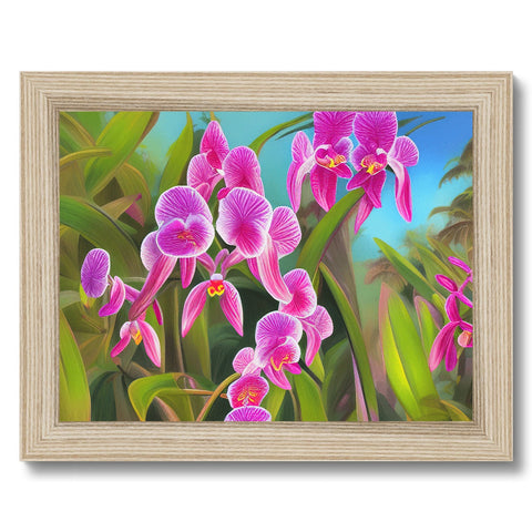 A picture of a purple and pink orchid on a wooden framed frame