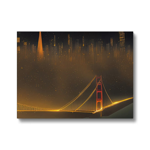 Gold foil painting hangs on a gate with a city skyline in the background.