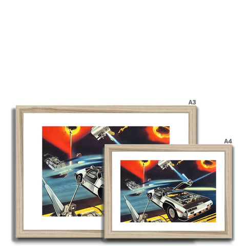 A photo of three images of different color on a picture frames on a white shelf.