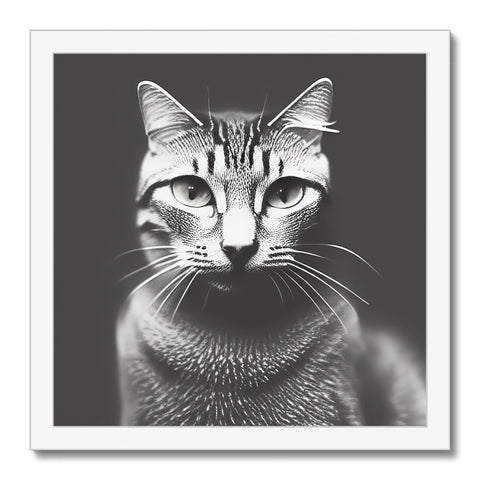 A cat sitting on top of an art print on black and white poster.