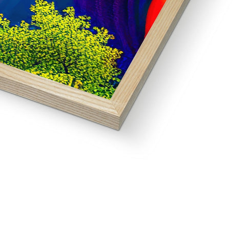 A wood frame holding a colorful book printed in a very detailed color.