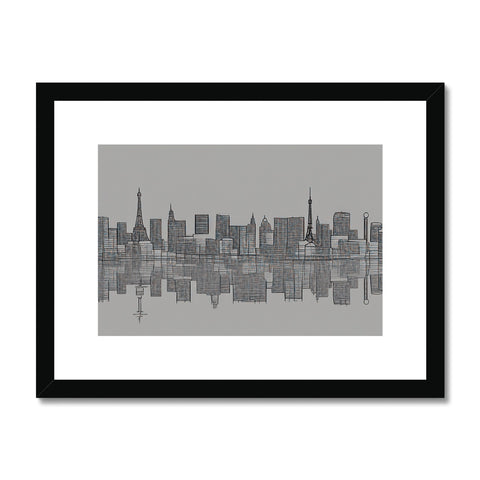 a city with a city skyline and an art print