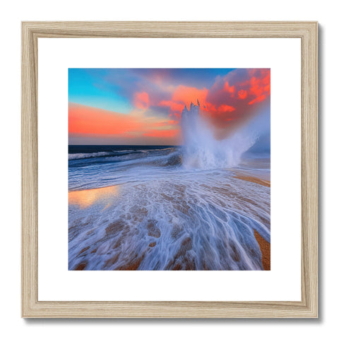 An art print is framed in wooden frame on a beach with a blue wave.