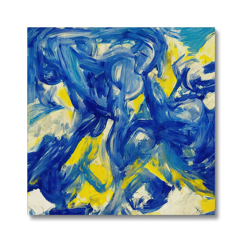 An abstract painting is painted in blue and yellow.