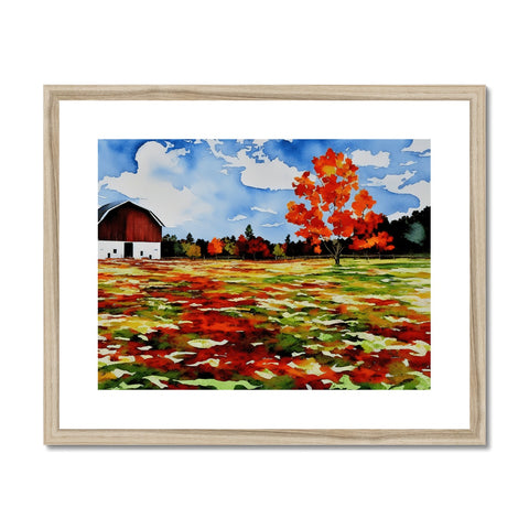 A picture of a farm farm surrounded in fall foliage on a wood frame.
