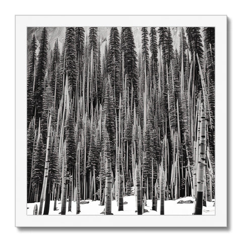 A white background art print hangs near a line of pine trees on a wall.