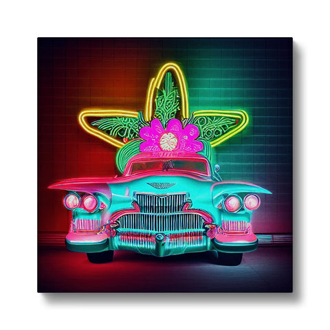 An image of a car outside in the desert surrounded by bright neon neon light.