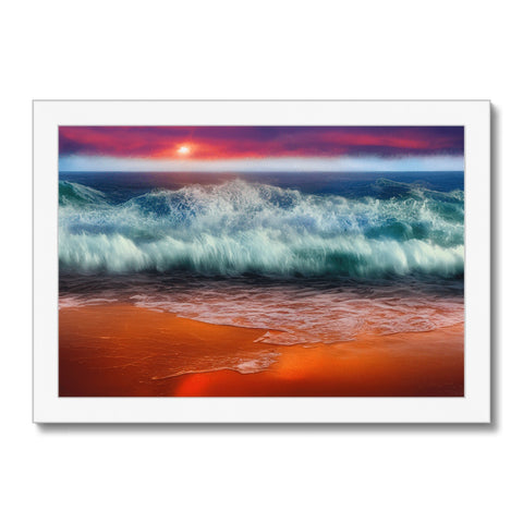 a beach scene with waves crashing against colorful art print on the white background