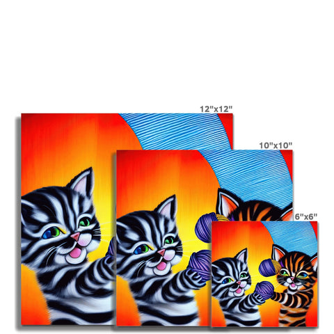 Four cats standing on tile table for a greeting card with their heads facing a wall.