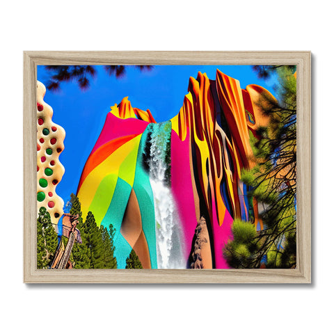 The picture of a beautiful colorful rainbow falls is displayed on top of a wooden railing.