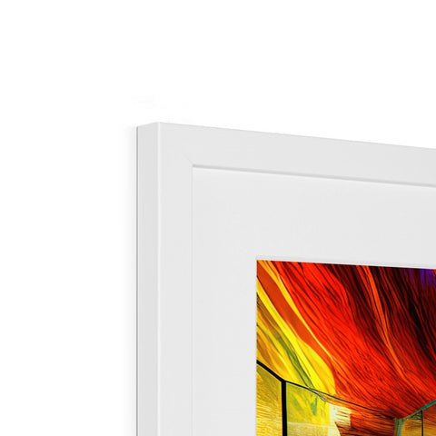 A picture frame that shows a rainbow painting in front of an image of an iMac