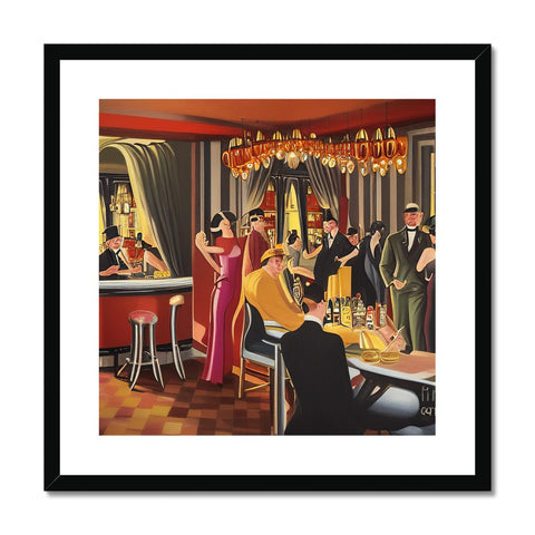 A group of people are dining in a bar with an art print.