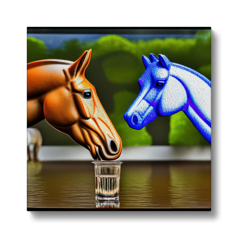 Two horses are standing under a water fountain drinking water under a light blue tent.