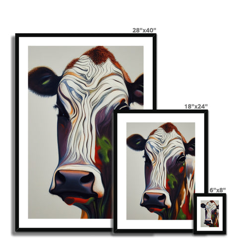 A cow standing next to a black and white picture.