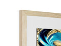 A blue picture frame with a photograph on it and the frames are gold.