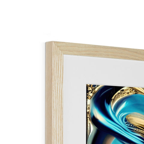 A blue picture frame with a photograph on it and the frames are gold.