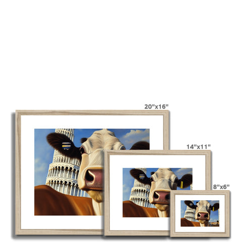 A wooden frame holding framed images of pictures of cows on a fence. Several cows and