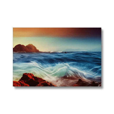 Art print of a wave that is on an ocean beach with the ocean and water.