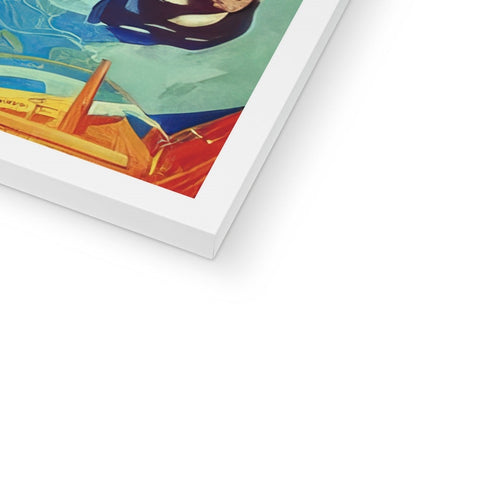 A book about an orca and a surf board on a blue canvas.