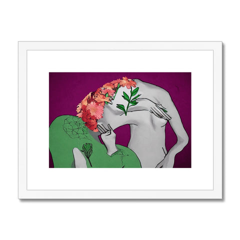 A couple of women kissing each other on the cheek with a paper print print on the