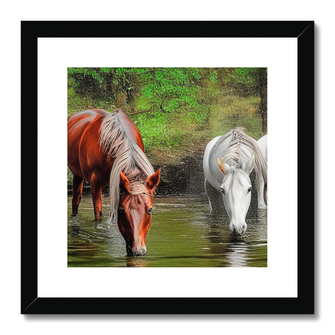 Three horses standing in a field along a rocky river with some water.