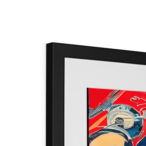 A picture of a red framed photo inside a metal frame next to white and blue art