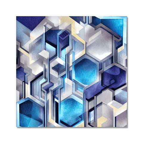 A glass colored tile with blue and white designs and an art print on it in the