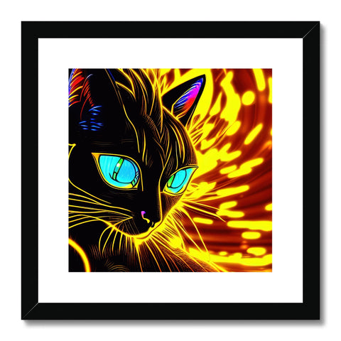 A framed print of a cat in black and white with red and gold and gold.