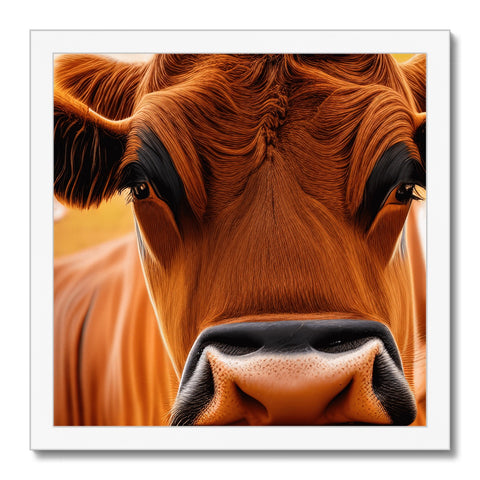 A cow standing close up staring a photo window, 