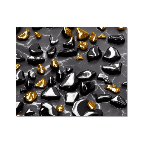 Black tile is laying on a glass top countertop next to a gold foil bag with