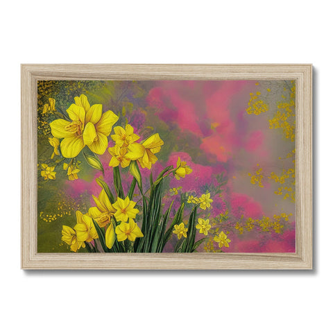 An art print with colored daffodils and a flower in a frame on the