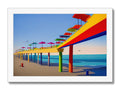 A black and white art print above a large wooden walkway with colorful kites painted