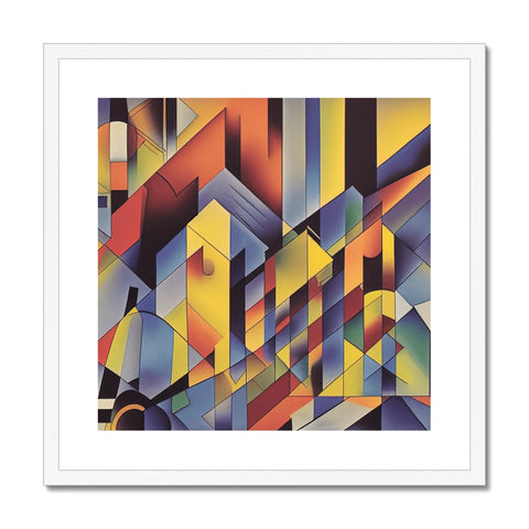 a painting with multiple shapes and color combinations on a silver framed poster