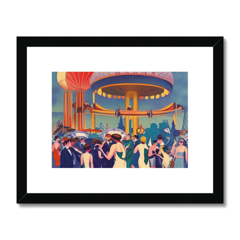 An art print hanging in a carousel that shows an image of a merry go round