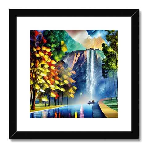 An art print of a waterfall standing next to trees and a waterfall
