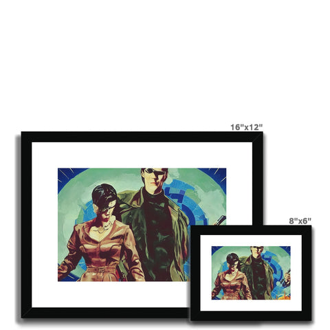 A picture of a deckard and some photographs on a frame on a wall.
