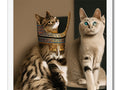 A couple of cats stand next to one another in an Egyptian palace near statues.